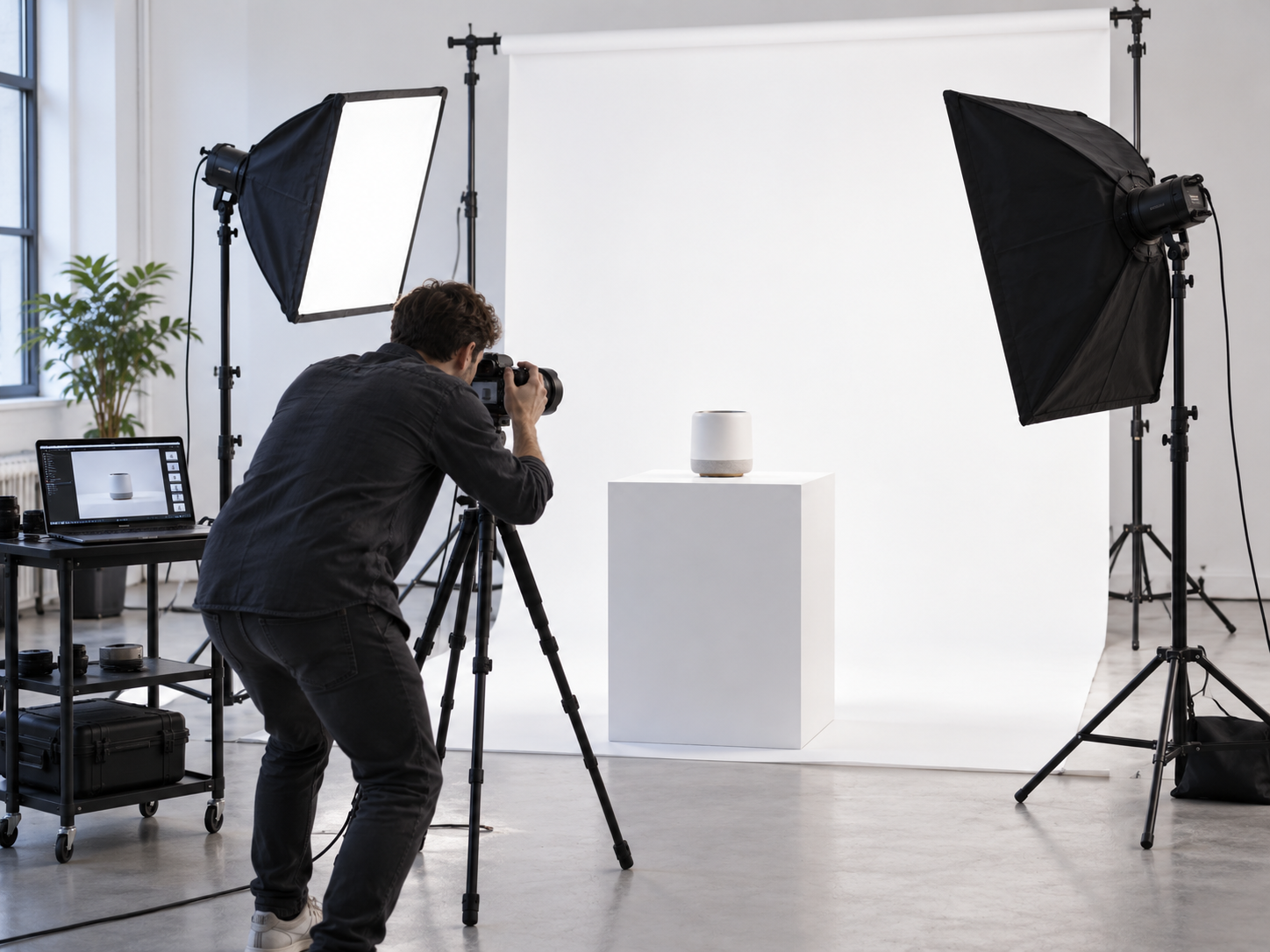 A product photographer capturing detailed images of a product in a studio with a white backdrop and controlled lighting.