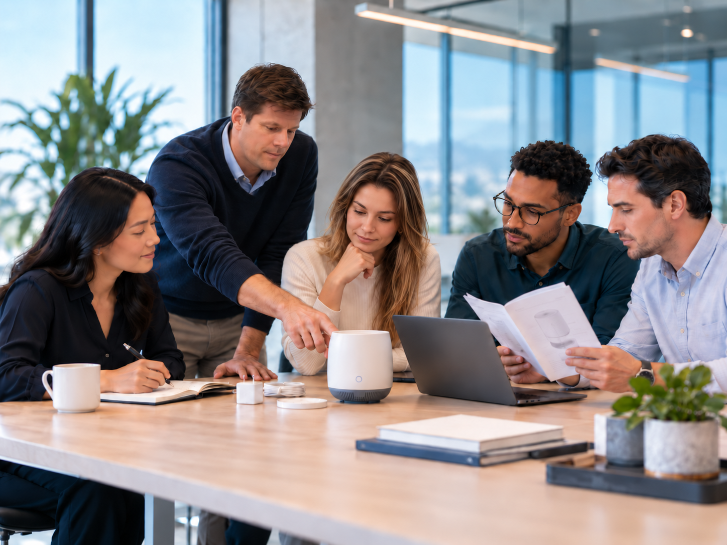 Five business professionals reviewing a product and its instructions together in a modern office.
