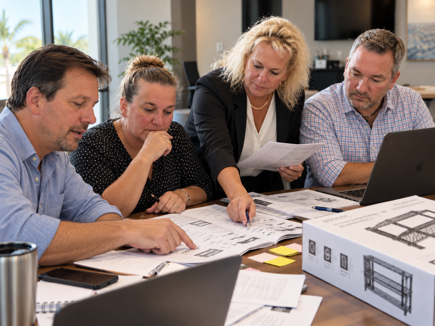 Four professionals reviewing product instructions and improving translated documentation in a modern office.